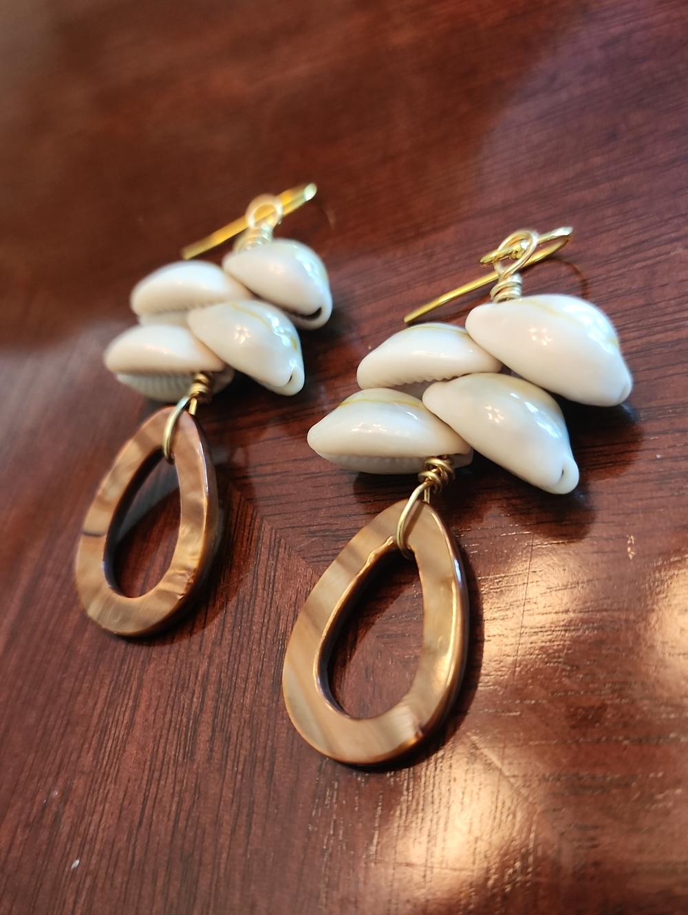Handcrafted Cowrie Shell and Brown Mother Of Pearl Teardrop Dangle Earrings